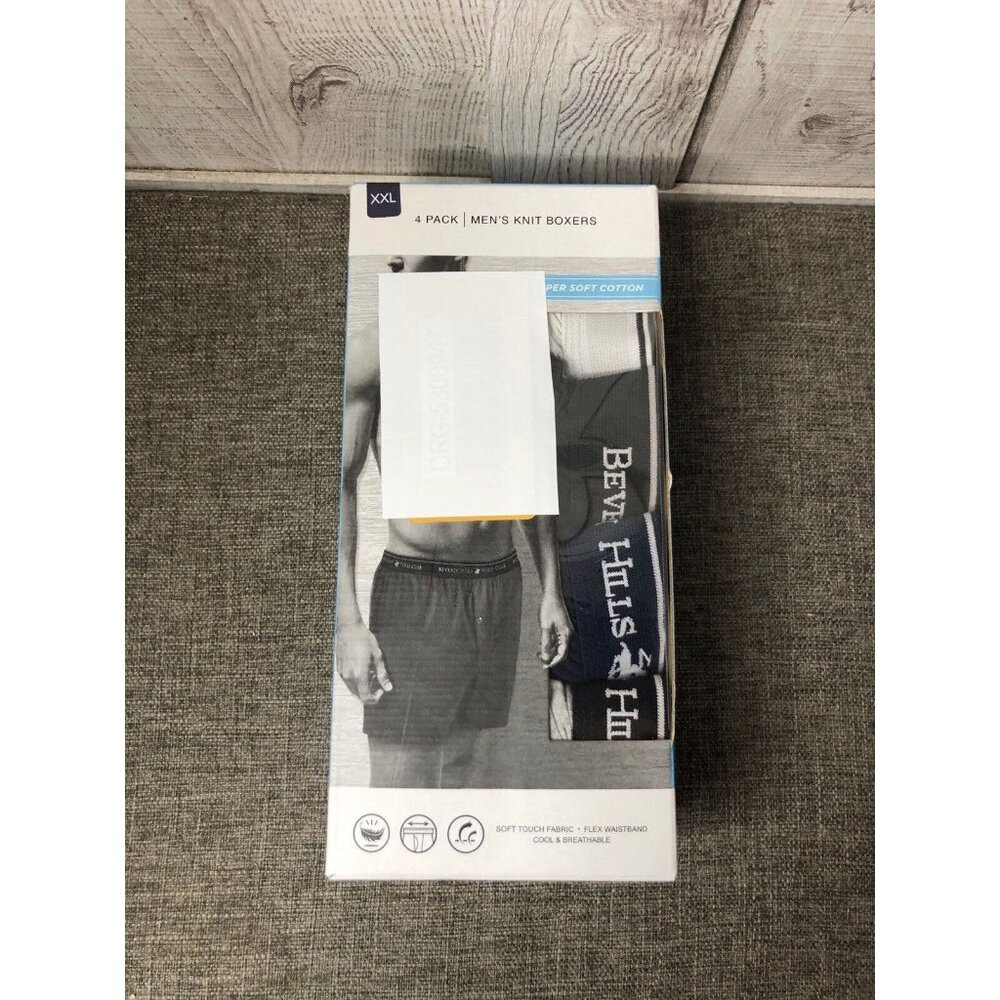 Beverly Hills Polo Club Mens Boxers Size XXL Navy Blue Gray White Knit 4 Pack